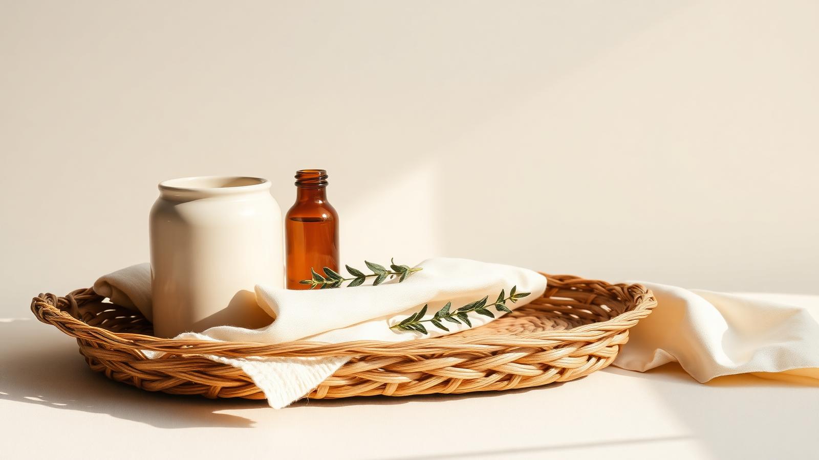 Woven tray with an unlabelled ceramic jar, amber bottle and folded linen in soft daylight