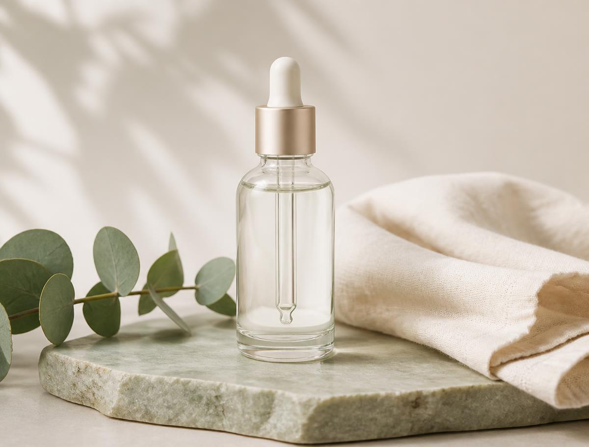 Clear unlabelled serum bottle on a pale sage stone slab with eucalyptus and folded linen