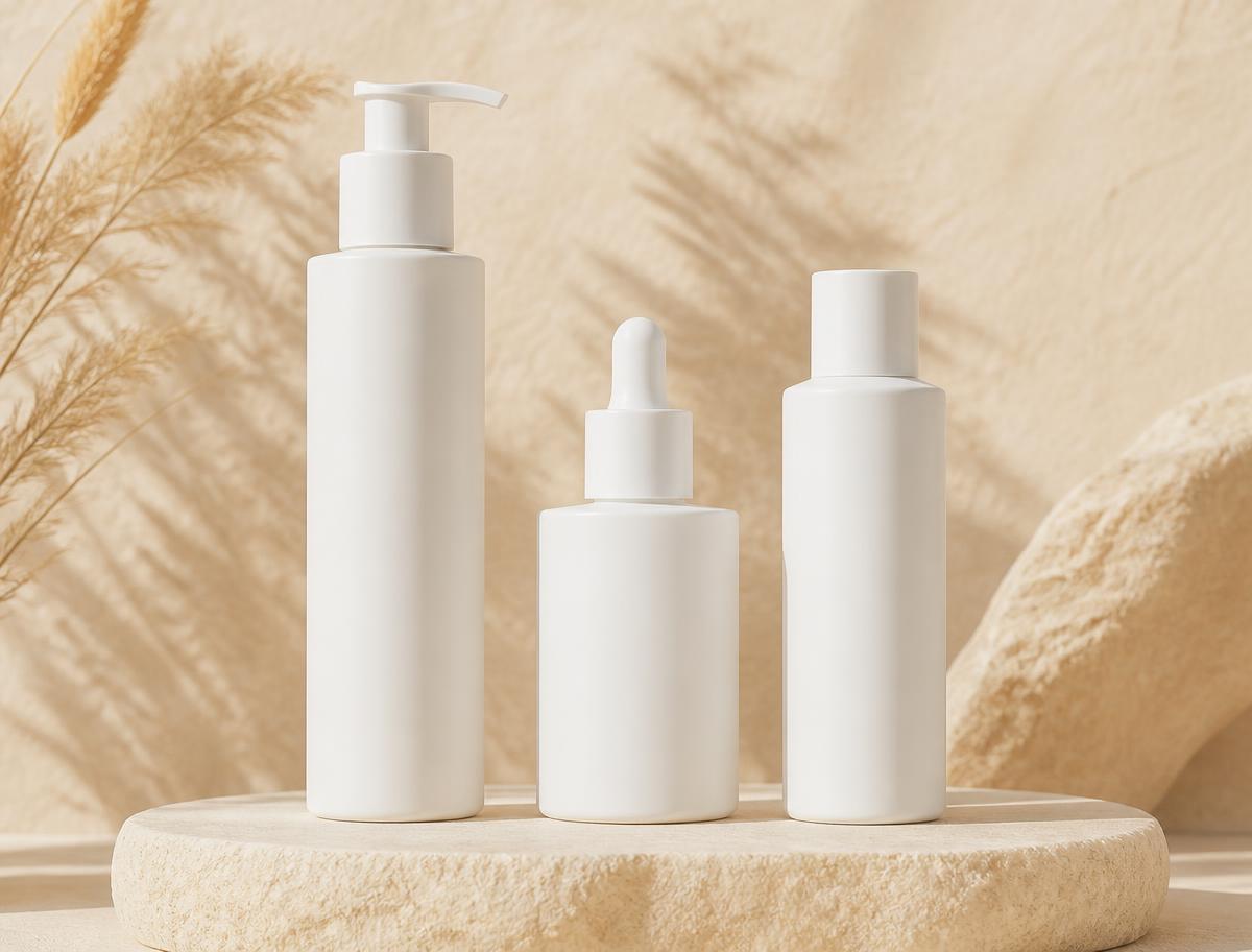 Three unlabelled skincare bottles of different heights lined up on a cream stone pedestal