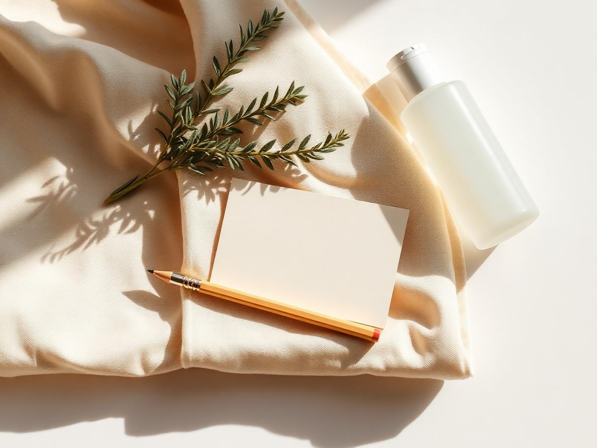 Blank notecard and pencil on cream linen beside an unlabelled skincare bottle