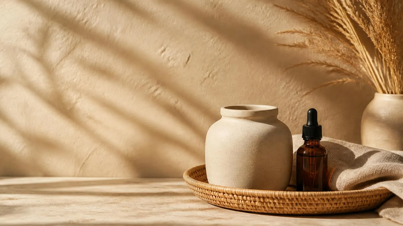 Woven tray holding an unlabelled ceramic jar and amber dropper bottle beside folded linen in soft daylight