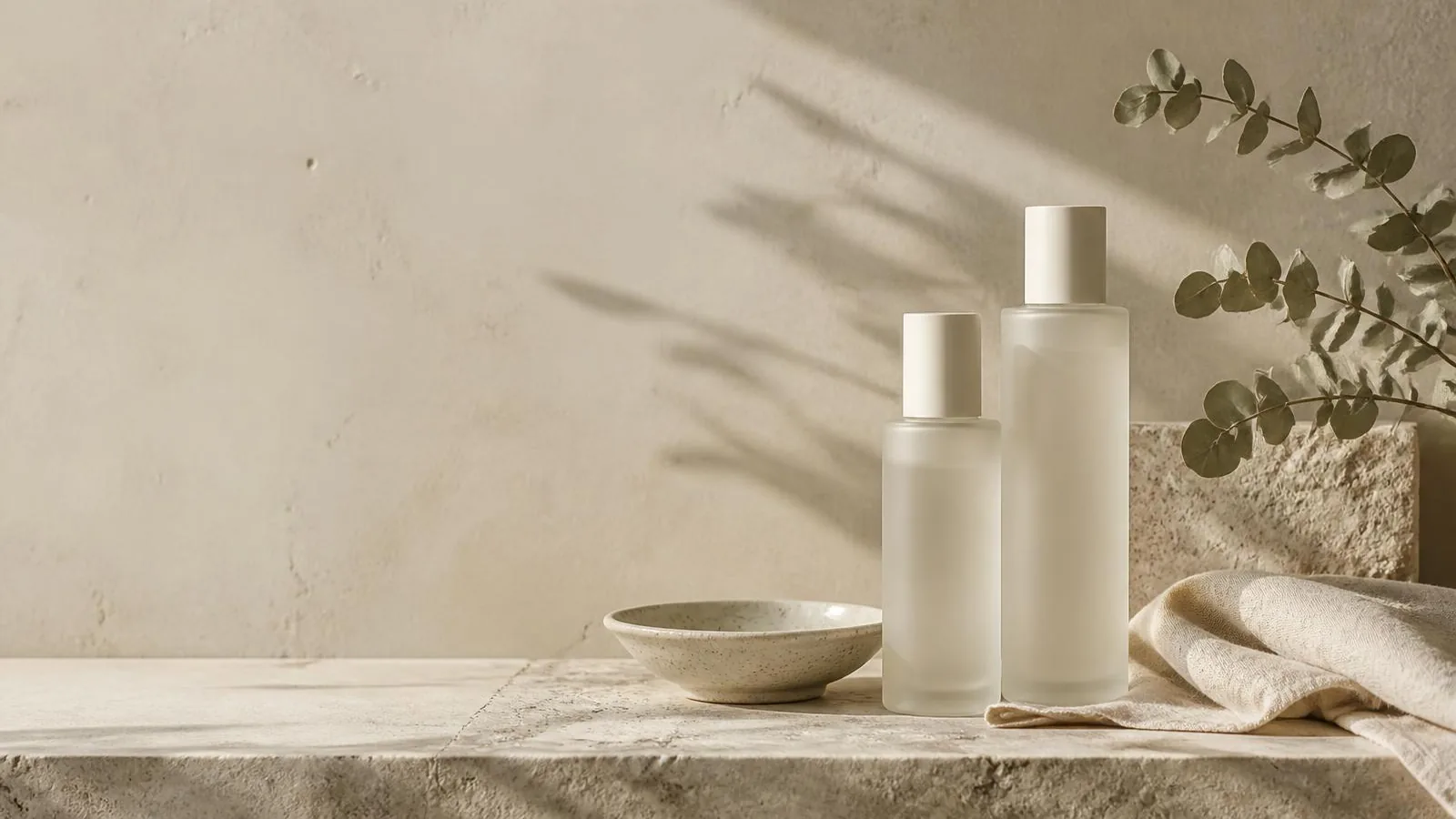 Two unlabelled frosted bottles and a shallow ceramic dish on a travertine ledge with dried eucalyptus