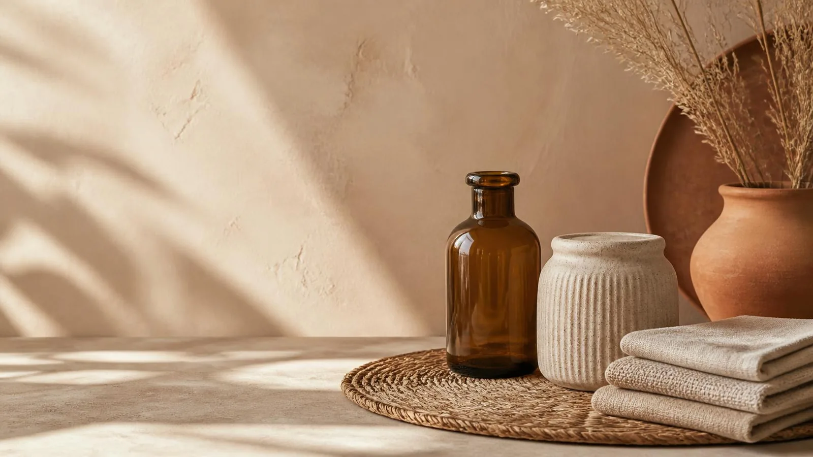 Amber apothecary bottle and ribbed ceramic jar on a round woven mat with folded sand linen towels