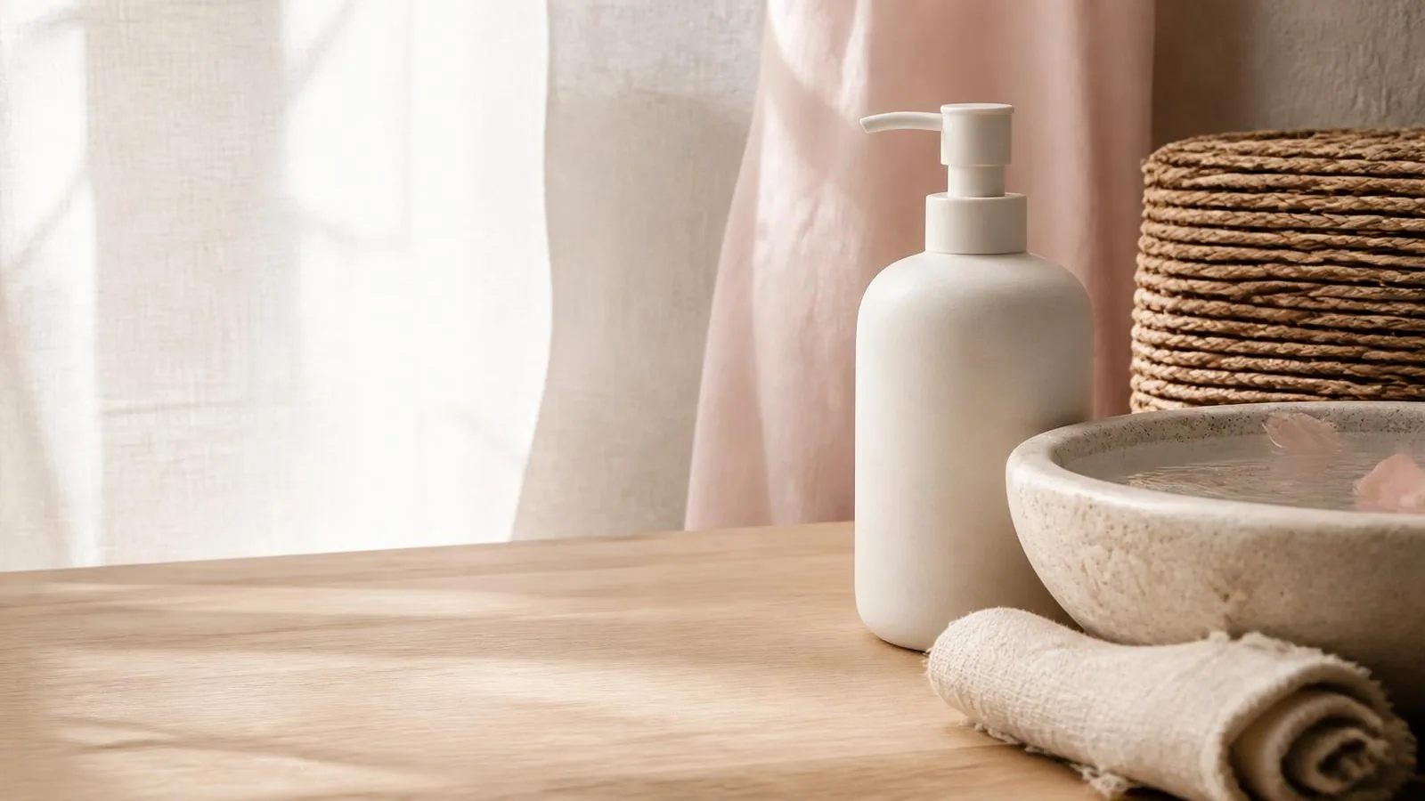 Unlabelled ceramic pump bottle beside a stone bowl of water and a rolled linen cloth on pale oak