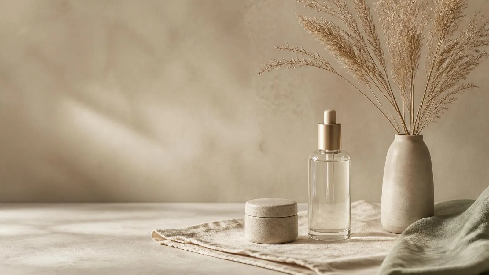 Glass serum bottle and small stone jar on an oat linen runner with dried grasses in a ceramic vase