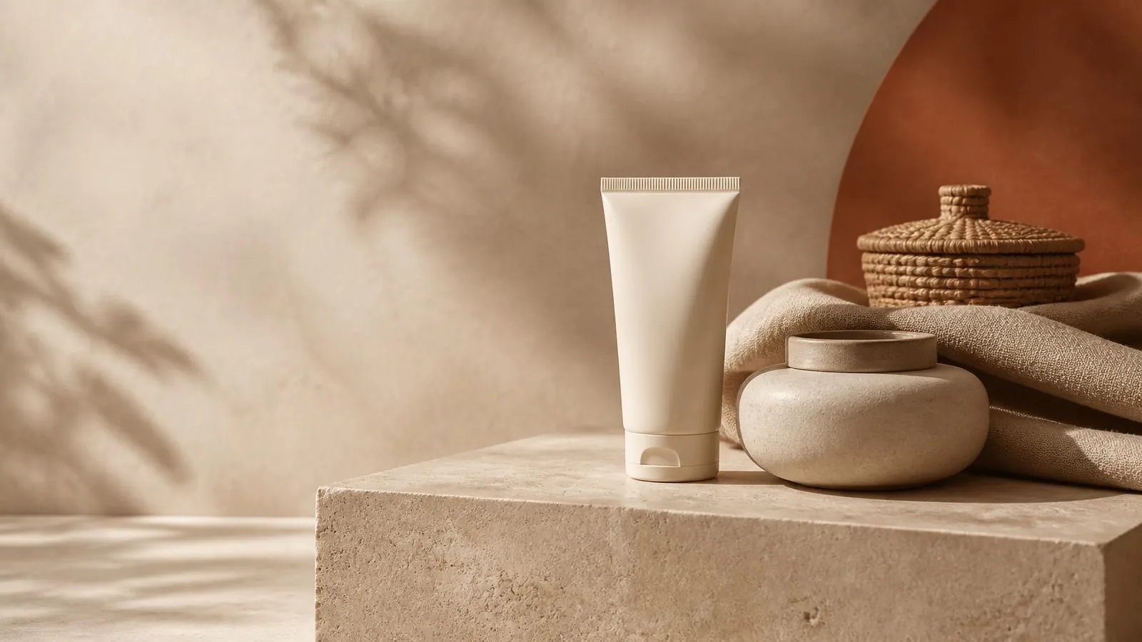 Unlabelled cream tube and squat stone pot on a travertine plinth with folded linen and a woven basket