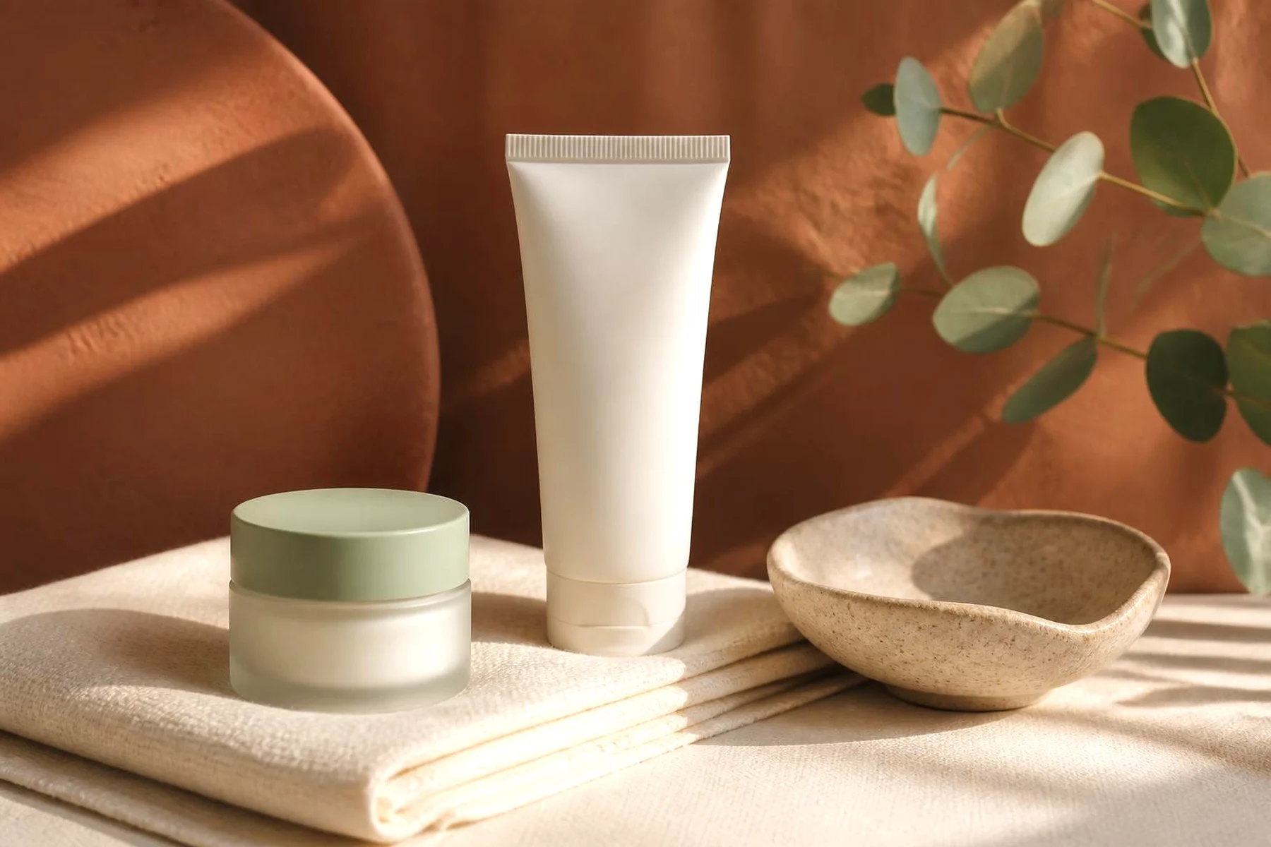 Travel-size moisturizer jar and sunscreen tube on folded cream linen beside a small ceramic dish