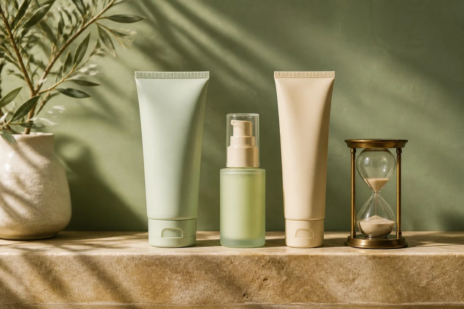Cleanser tube, pump serum bottle and sunscreen tube lined up beside a brass hourglass on a stone ledge in morning light