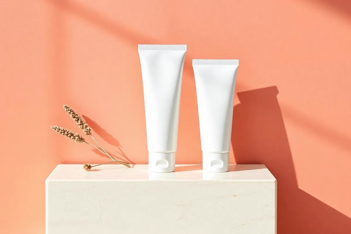 A pea-sized dose of clear gel in a terracotta dish beside a plain white cream jar on warm clay tile