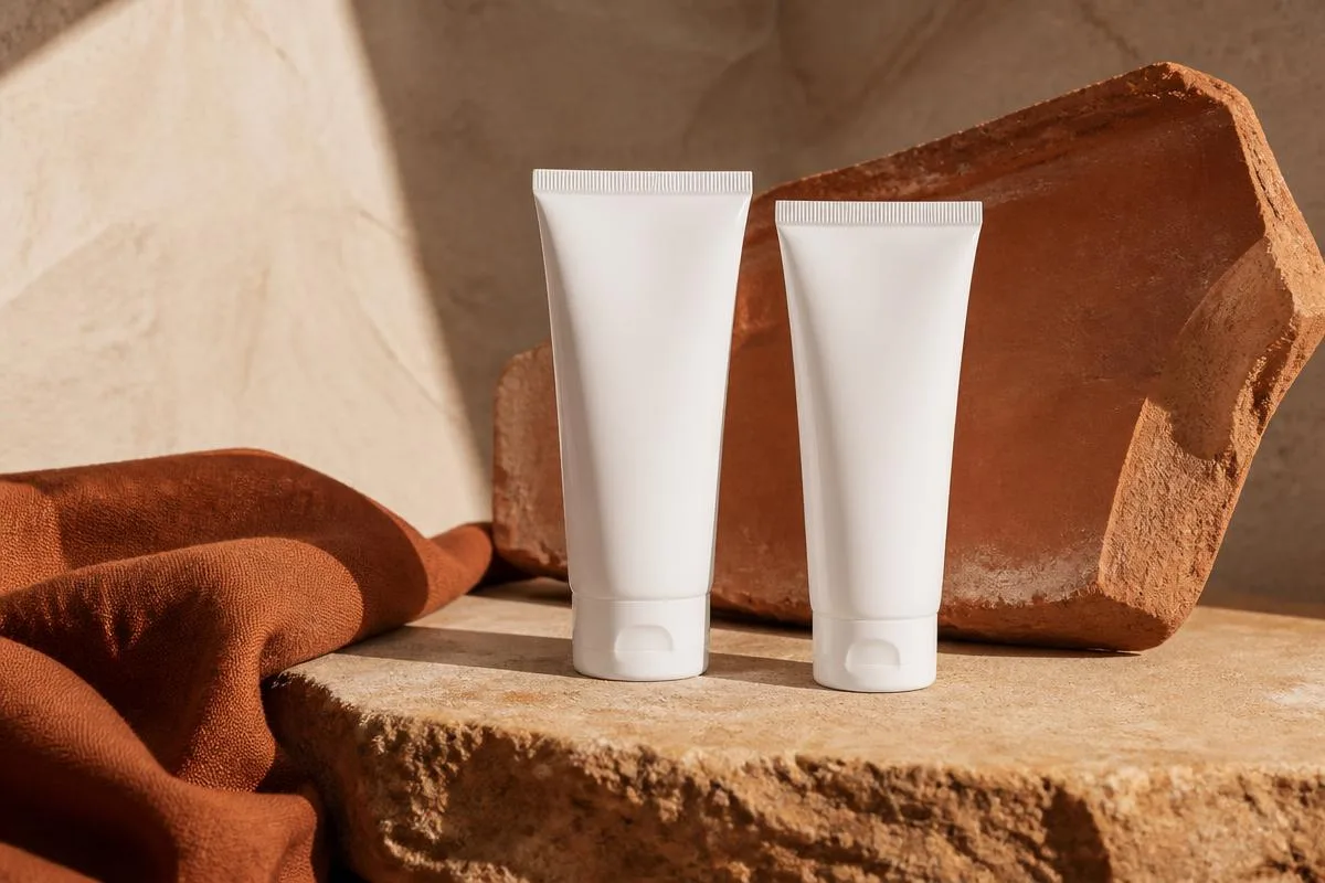 Two plain unlabelled white treatment tubes on a warm sandstone ledge against terracotta clay, comparing adapalene strengths