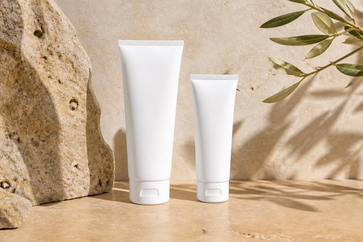 Two plain unlabeled white treatment tubes on a warm sandstone ledge against terracotta clay, comparing adapalene strengths