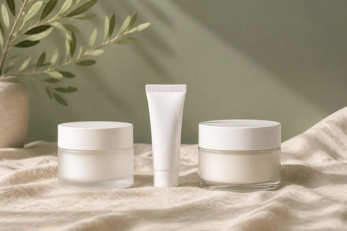 Two moisturizer jars either side of a small adapalene tube, showing the moisturizer sandwich method