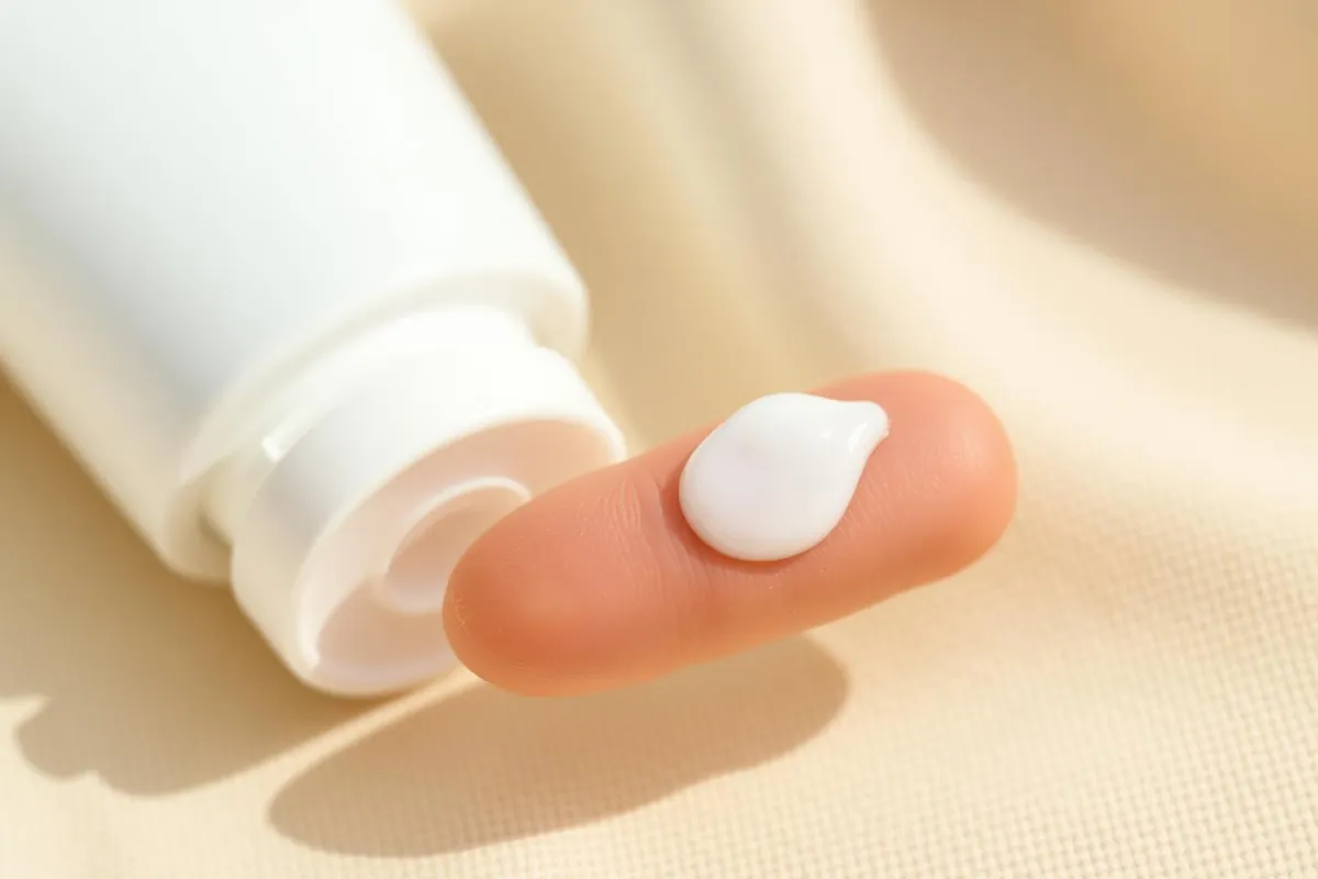 Pea-sized dose of adapalene gel on a fingertip beside a plain white treatment tube