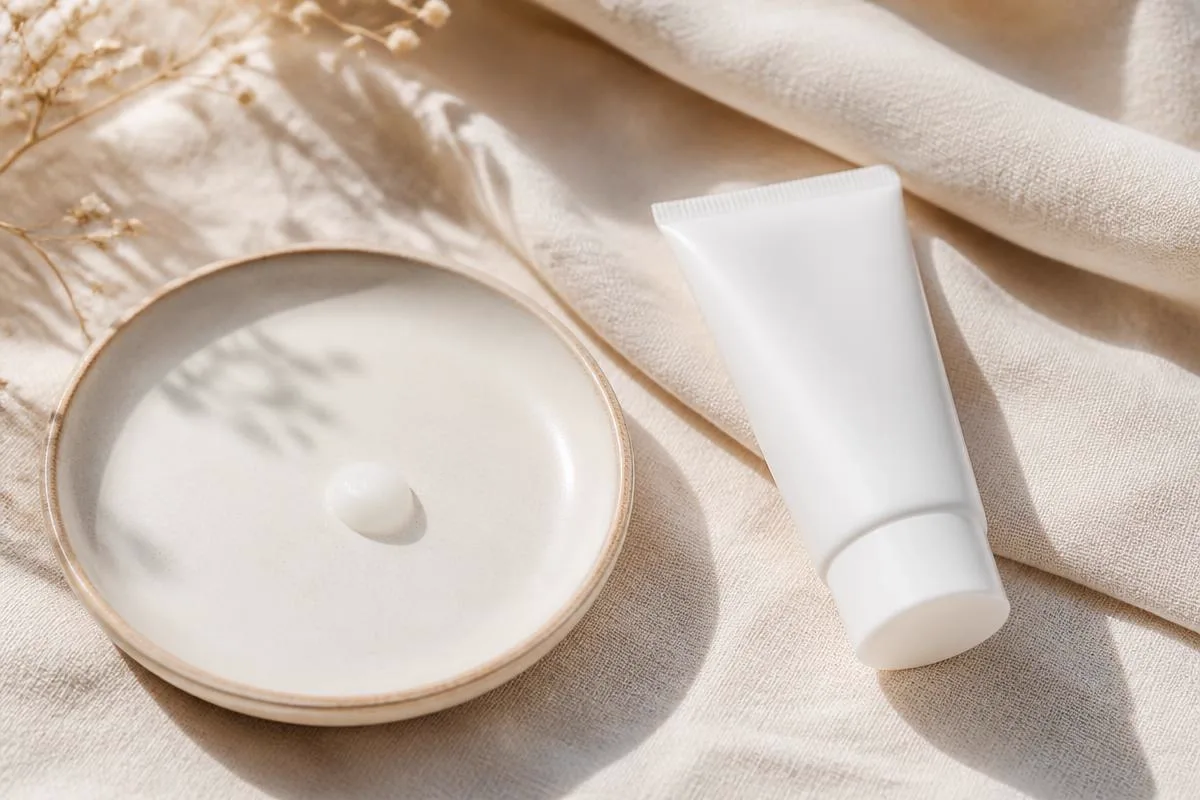Pea-sized dose of adapalene gel on a pale ceramic dish beside a plain white treatment tube on cream linen