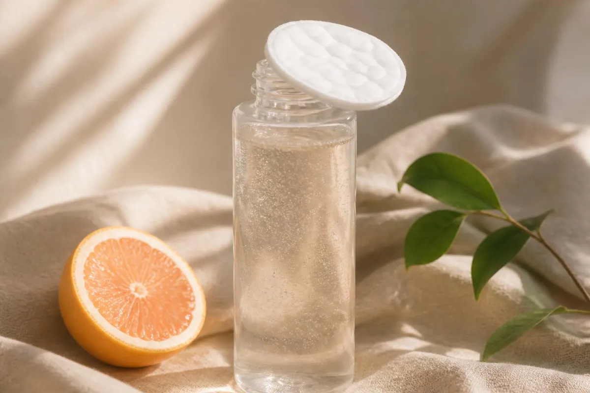 Cotton pad resting on an exfoliating toner bottle with fresh citrus on warm linen