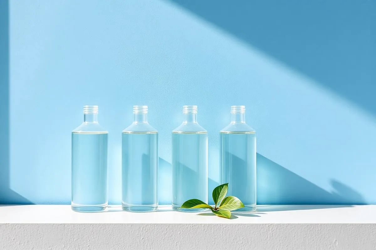 Three clear exfoliating acid bottles lined up on cool slate stone, comparing AHA, BHA and PHA