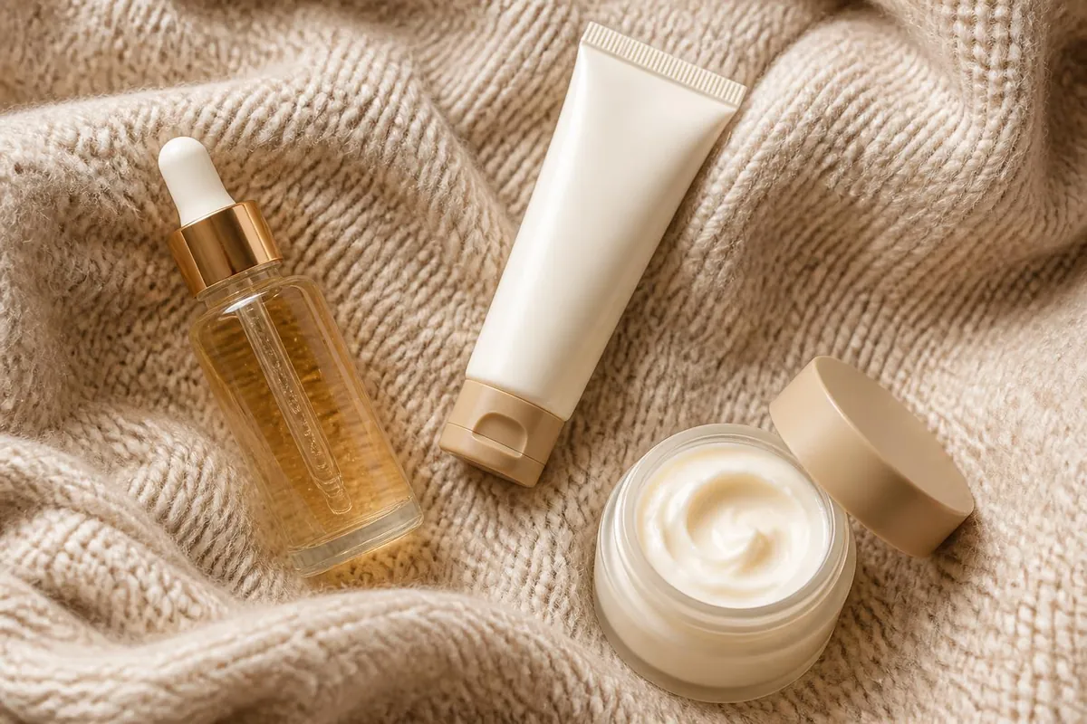 Hydrating serum, tube and open cream jar on a knitted oatmeal blanket for dry skin