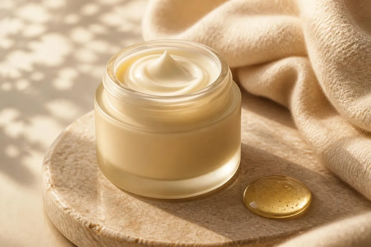 Rich emollient cream jar with a droplet of facial oil on a soft cashmere blanket for dry skin