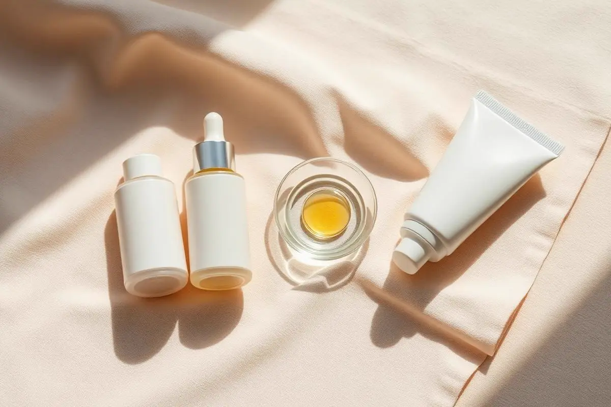 Two serum bottles, a glass dish holding a single drop and a sunscreen tube laid out as a morning layering order