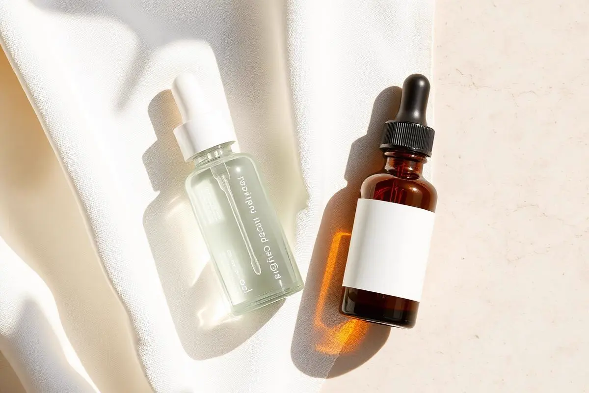 Clear niacinamide serum bottle beside an amber vitamin C dropper bottle on cream linen in soft daylight