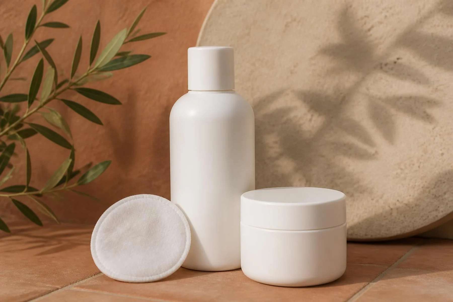 Cotton pad, plain white toner bottle and small cream jar on warm terracotta tile in soft daylight
