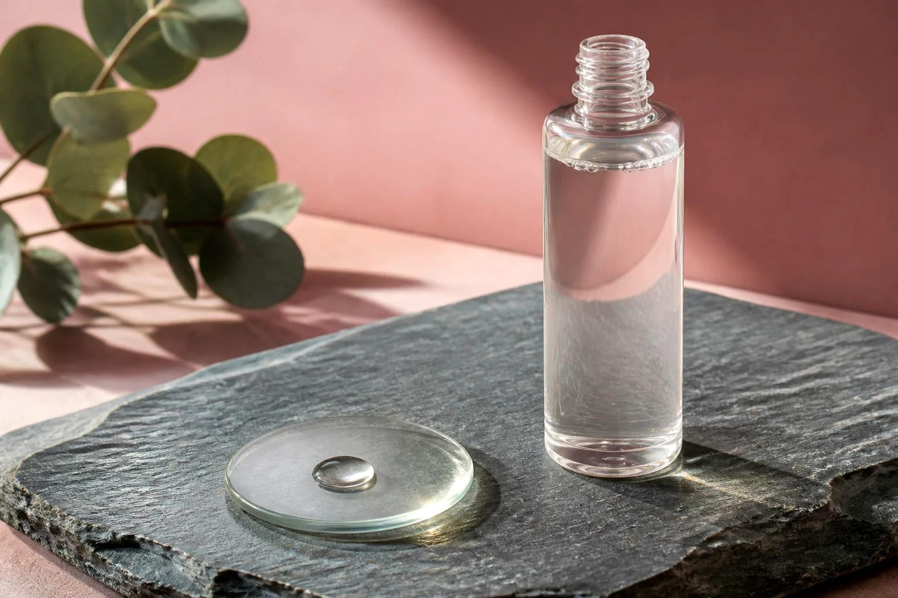 Clear unlabelled toner bottle beside a glass dish holding a single drop on cool slate stone against a dusty rose backdrop