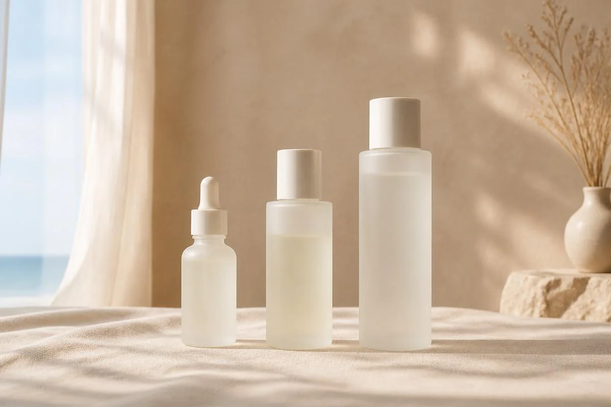 Half-used serum bottle and open white cream jar beside an hourglass on warm terracotta stone, showing skincare results build over weeks
