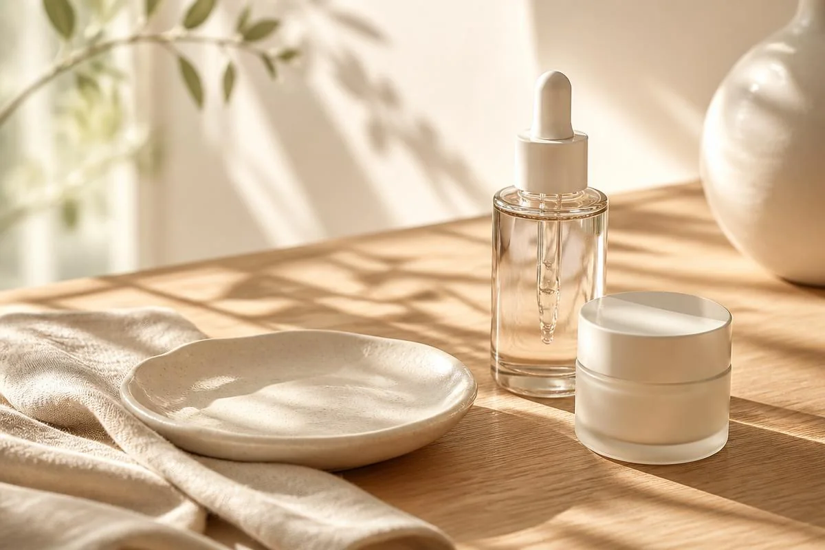 Sage-green skincare organizer, glass serum dropper, hourglass, and jade roller on light wood in soft daylight
