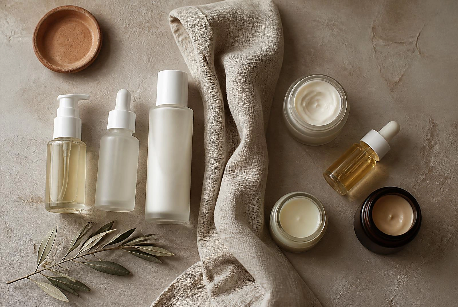 Three unlabeled bottles kept together on a matte ceramic tray while a larger group sits blurred and set aside behind them