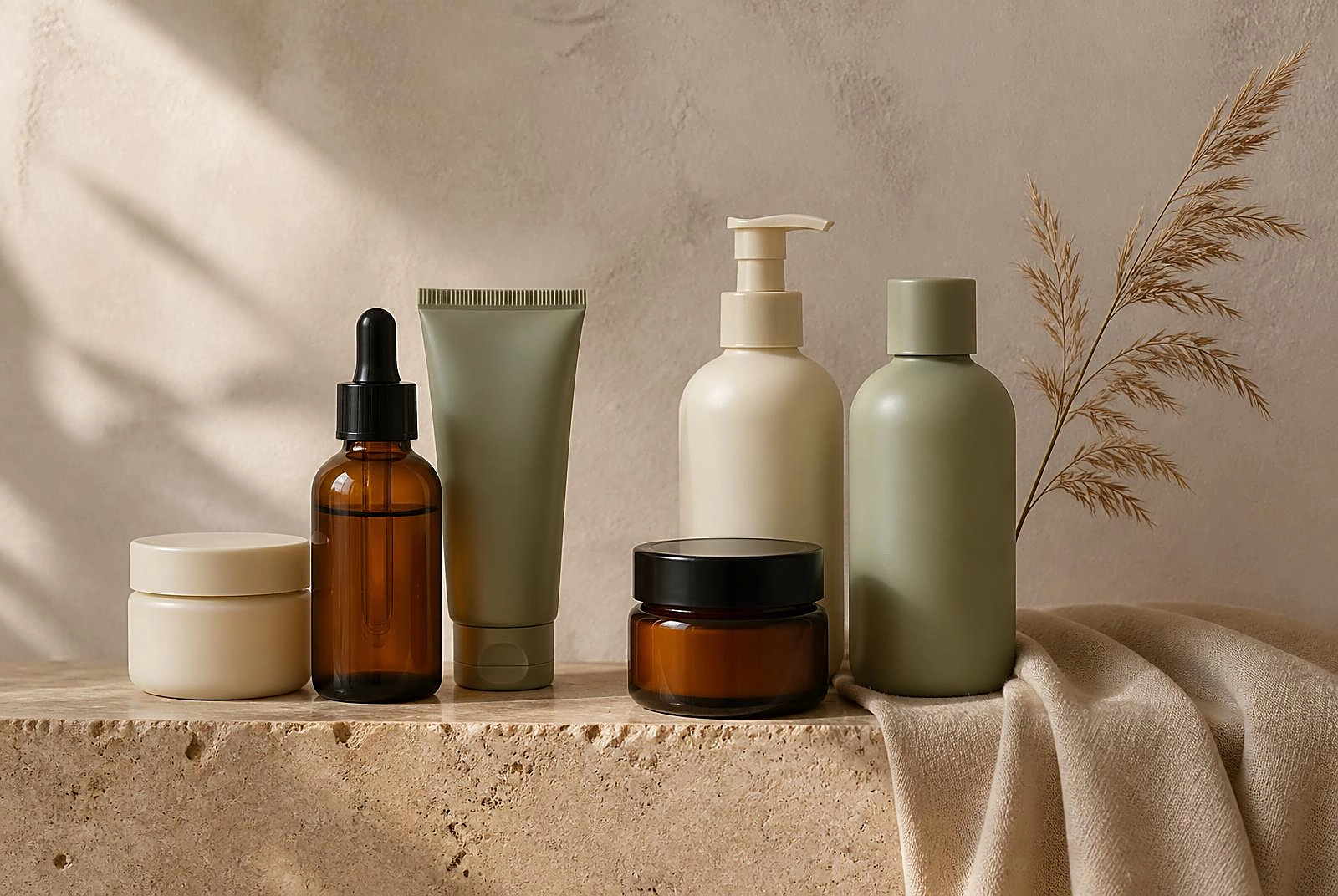 Four unlabeled bottles — cleanser, serum, moisturizer jar and sunscreen tube — lined up on a pale stone slab over sage linen