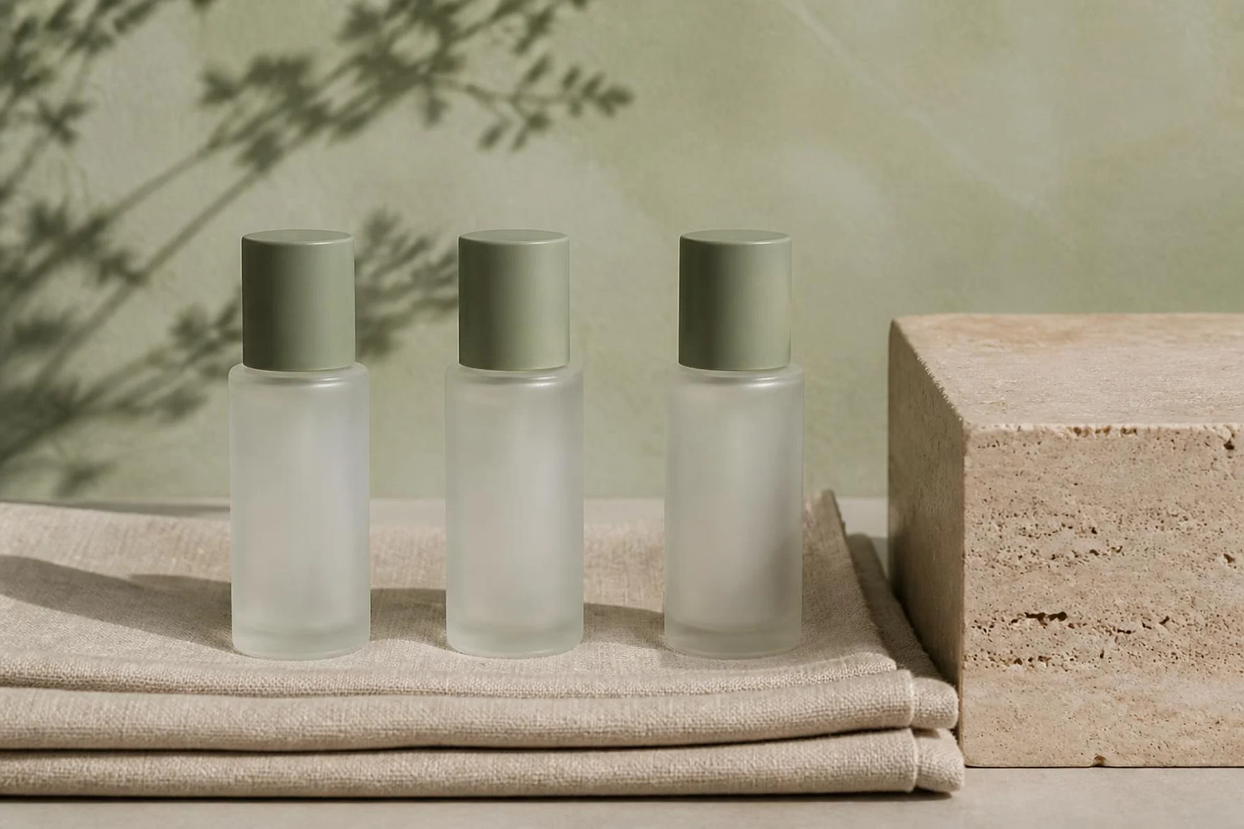 Three identical unlabelled frosted bottles spaced apart on folded oatmeal linen, laid out like a weekly exfoliation schedule