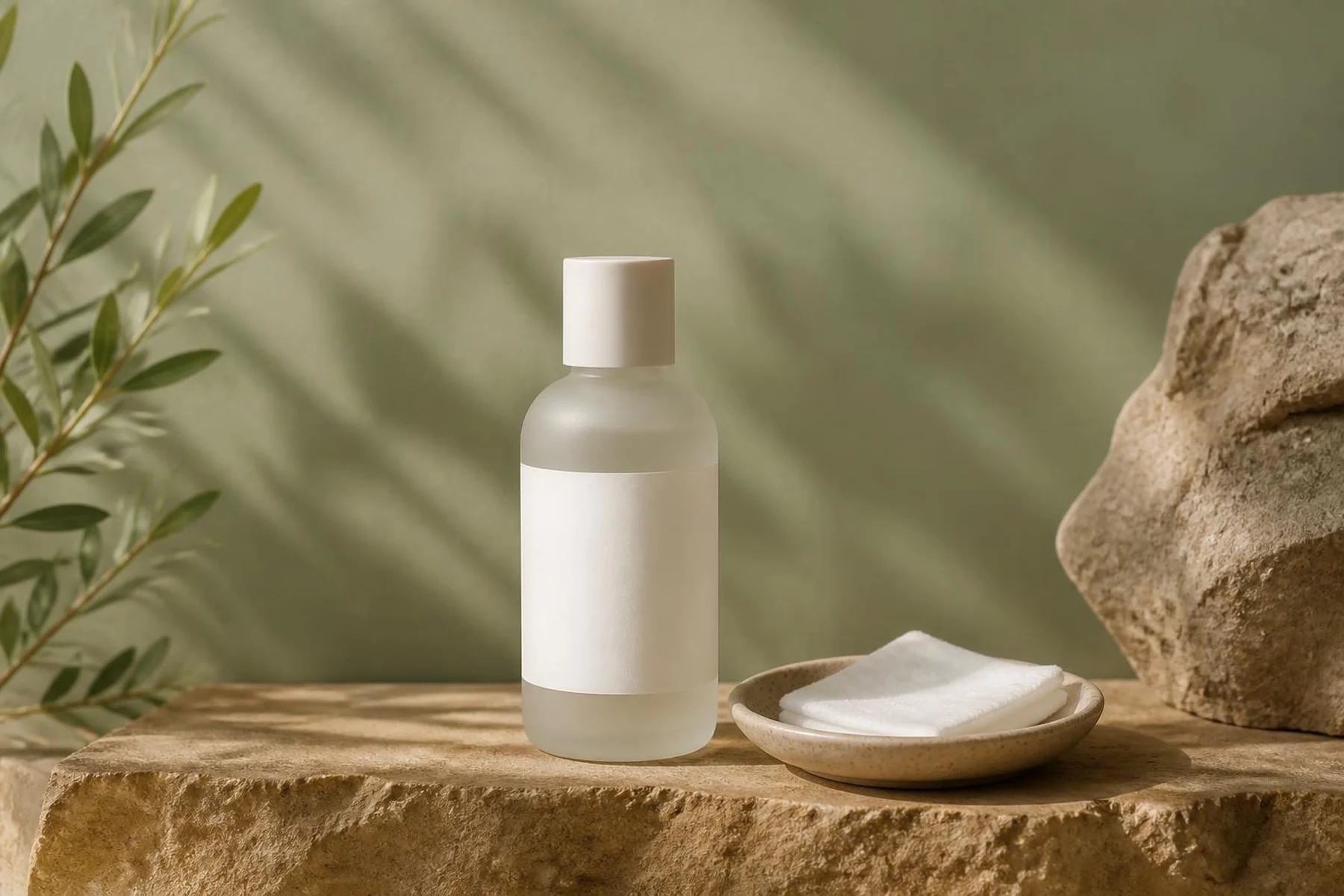 Frosted unlabelled exfoliating toner bottle and a ceramic dish of cotton pads on a sandstone ledge against a sage-green wall