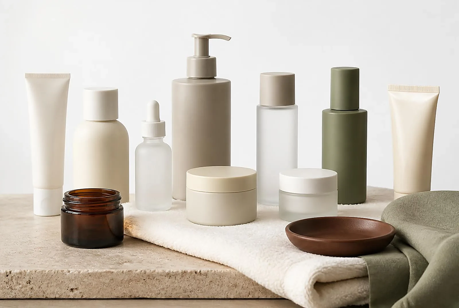 A full cabinet of unlabeled skincare bottles, jars and tubes emptied out and grouped on a folded cream towel over travertine