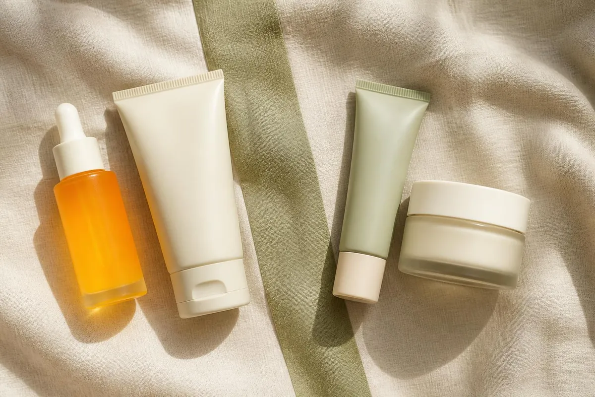 Morning vitamin C and sunscreen grouped apart from evening retinoid and cream on cream linen