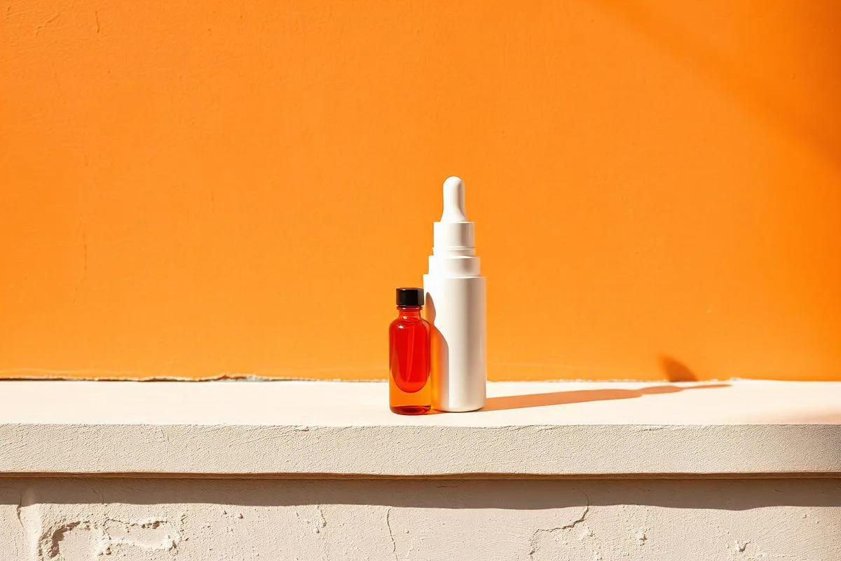 Clear vitamin C serum and amber retinol dropper set apart on cool slate stone, showing the AM and PM split