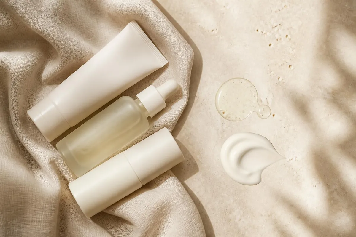 Skincare products on linen beside a serum drop and a cream swirl, comparing textures for layering