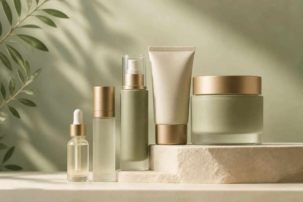 Five skincare products arranged thinnest to thickest, showing the correct layering order
