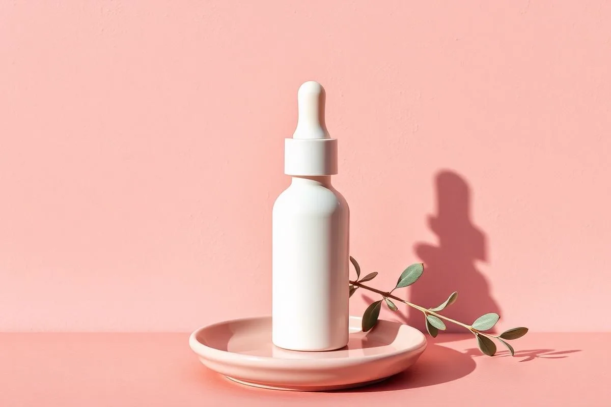 Clear niacinamide serum bottle beside a glass dish holding a single glossy drop