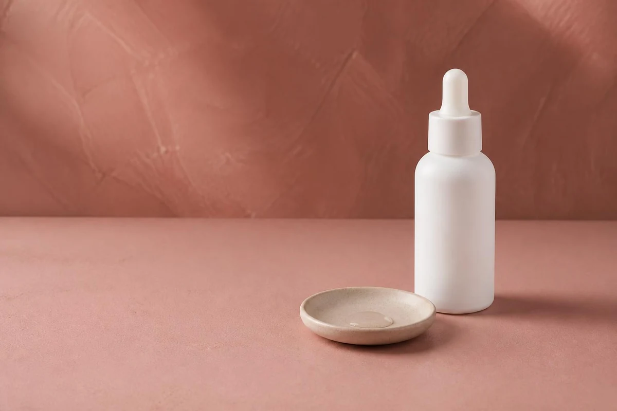 Single white niacinamide serum bottle beside a small ceramic dish on a dusty rose surface