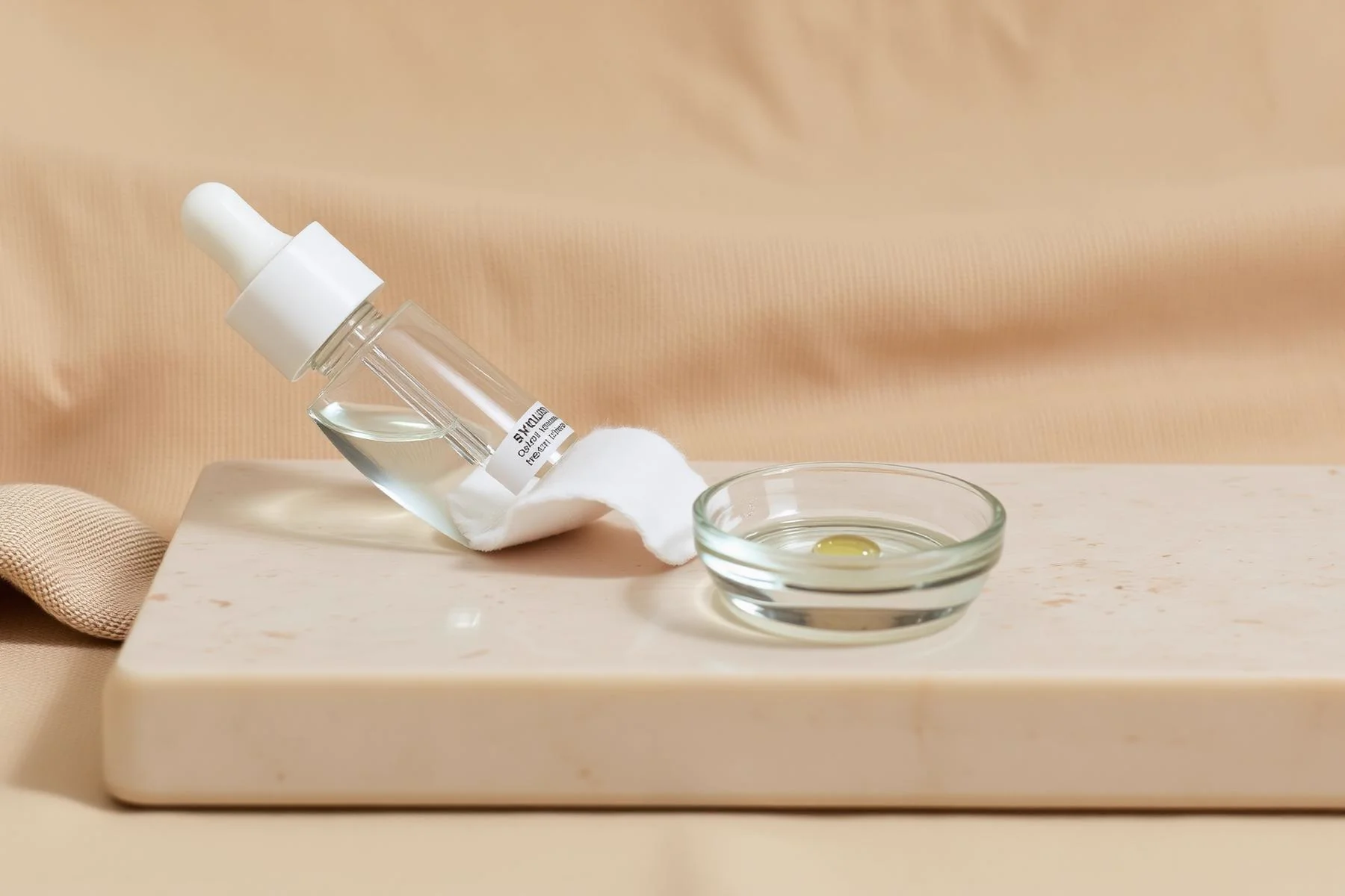 Clear dropper bottle, cotton pad, and a single glossy drop in a glass dish on a travertine tray