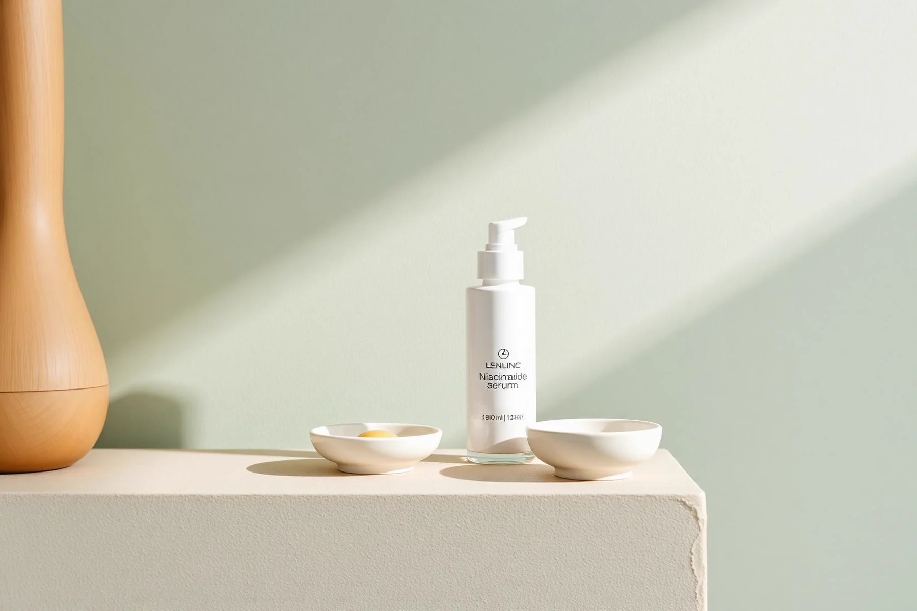 Plain white niacinamide serum bottle and small ceramic dishes on a sandstone ledge against a sage-green wall