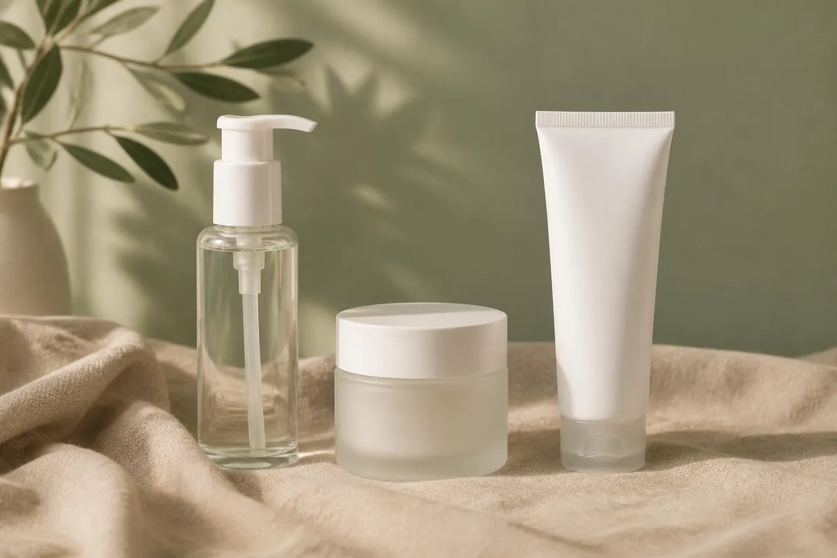 Cleanser, barrier cream and moisturizer lined up as a calm recovery routine while skin is purging