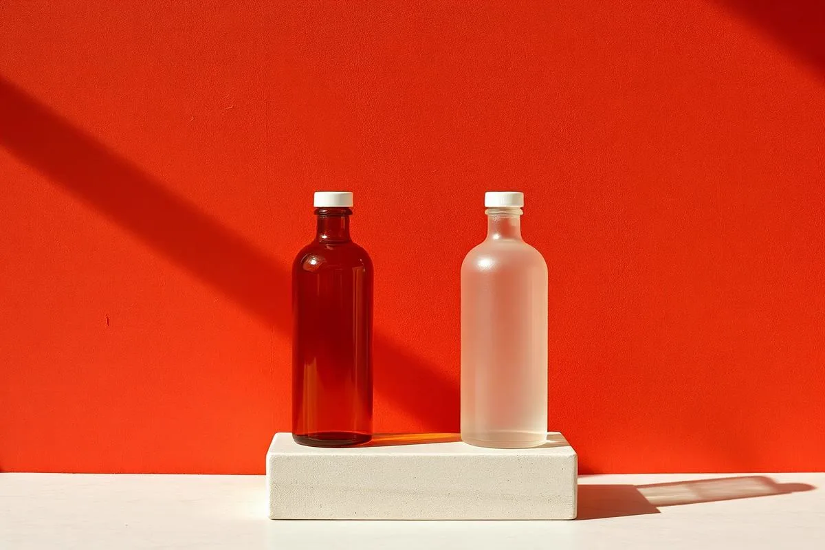 Two matching dropper serum bottles on cream linen and pale wood in bright daylight, comparing retinol and retinal