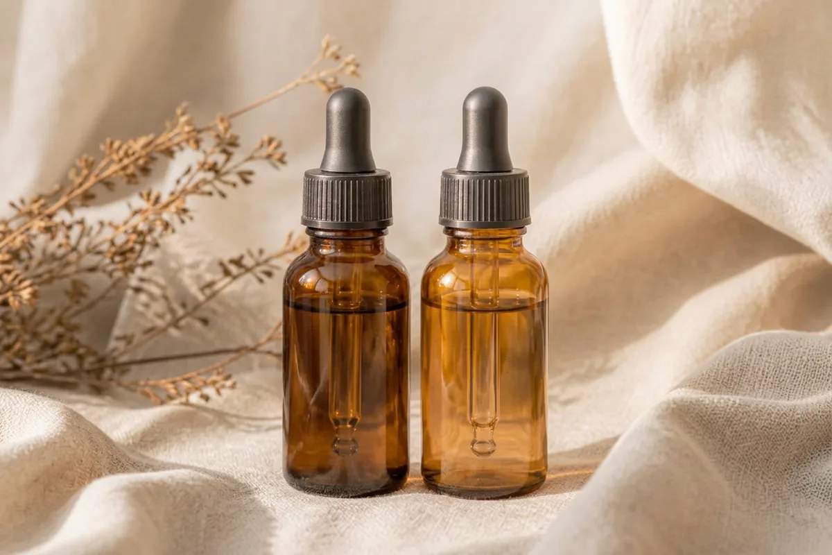 Two amber dropper bottles side by side on cream linen in soft daylight, comparing retinol and retinal