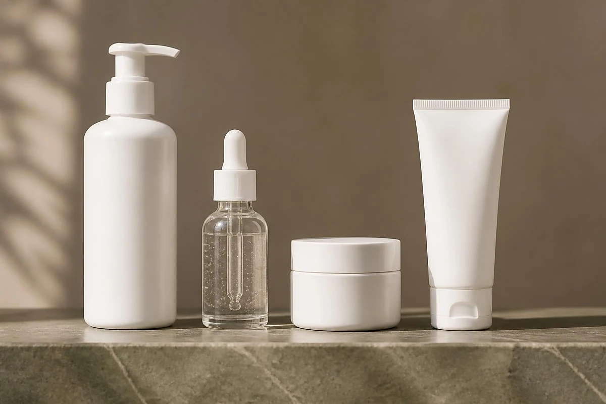 Spot treatment tube and soothing gel jar on a cool stone tray for calming cystic acne