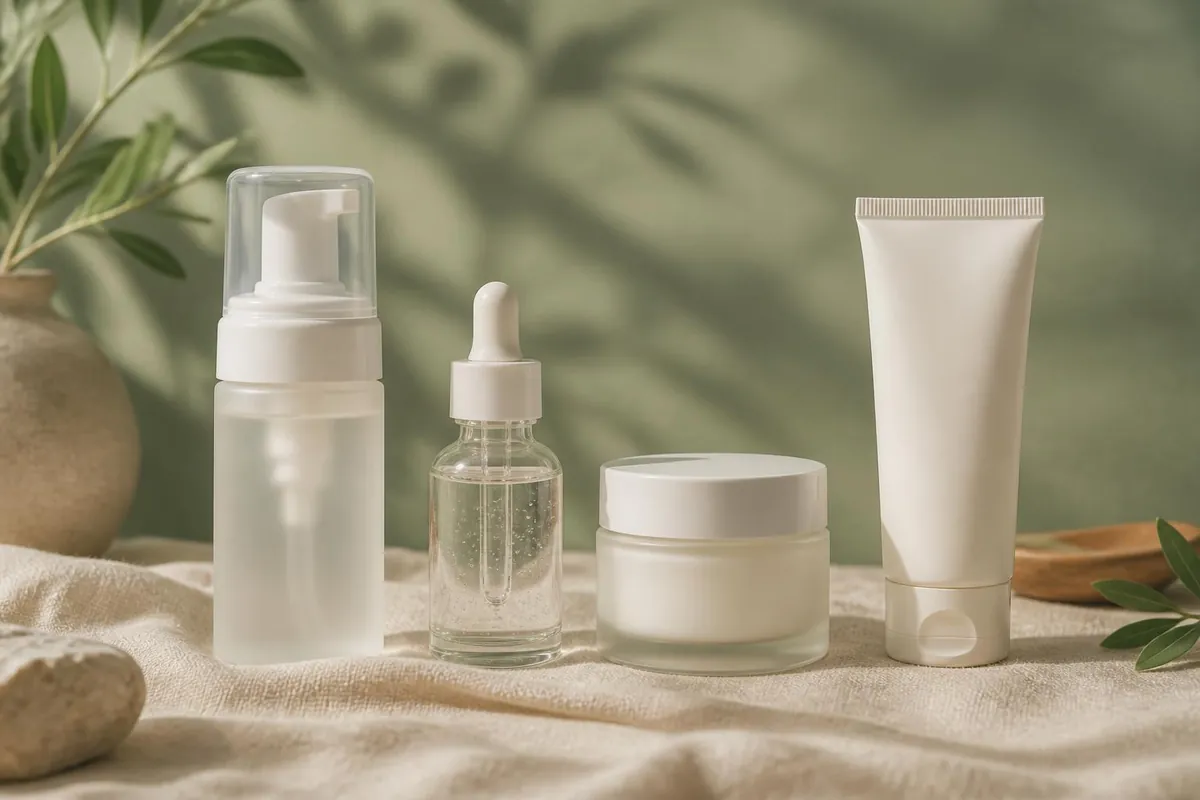 Cleanser, serum, cream and sunscreen lined up in routine order for a cystic acne regimen