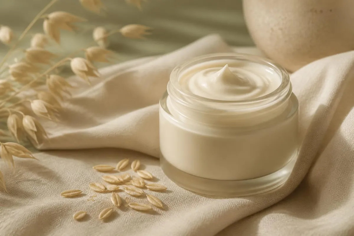Open jar of rich barrier repair cream with oats on soft cream linen
