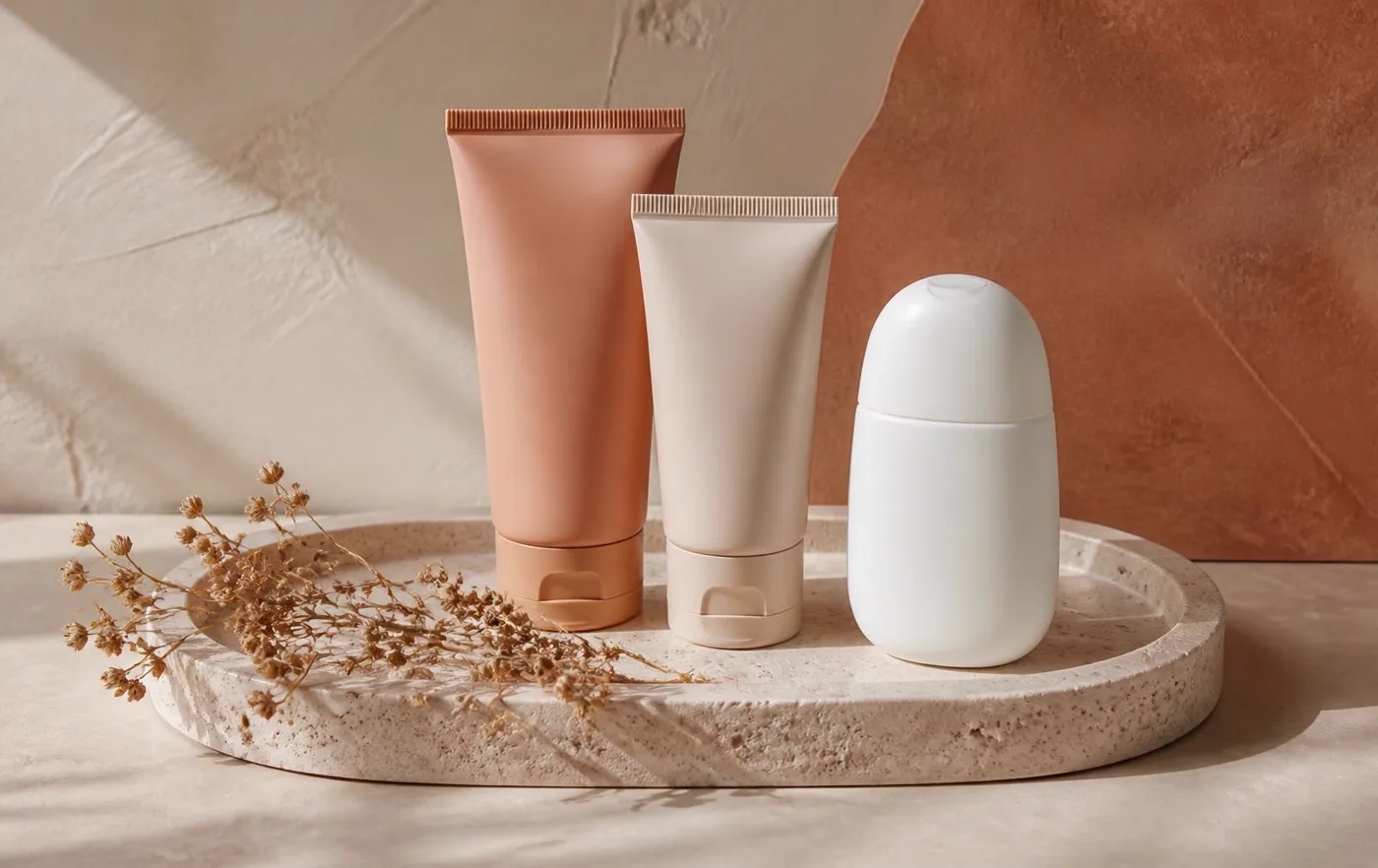 Two plain skincare tubes and a white sunscreen bottle on a travertine tray with dried botanicals
