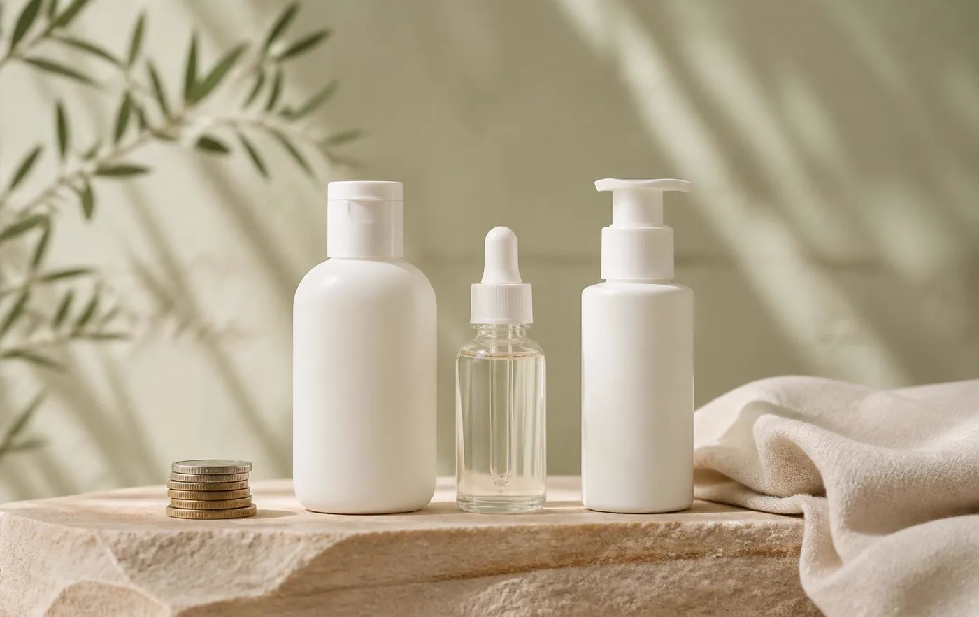 Plain unlabelled drugstore cleanser, serum and moisturizer bottles beside a small stack of coins on a sandstone ledge