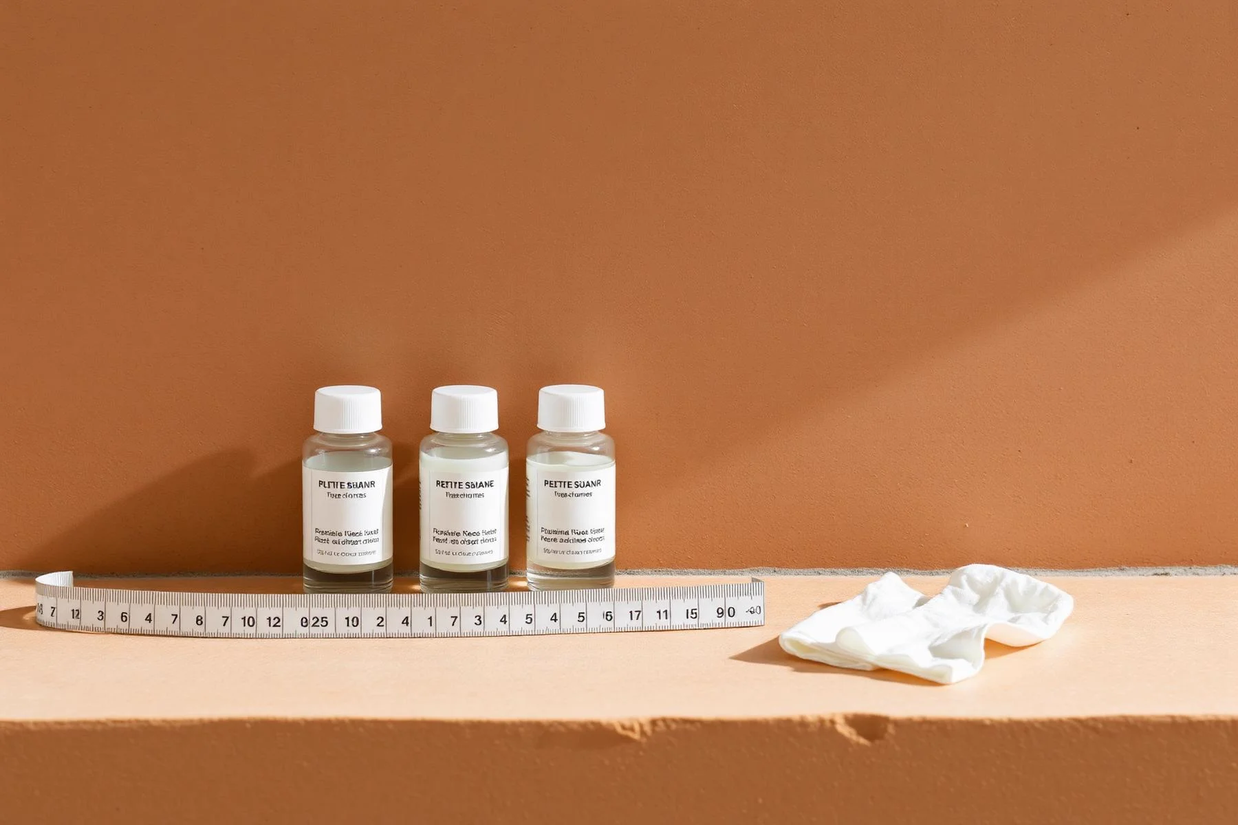 Three small glass jars, a measuring tape, and a cotton pad on a sandstone ledge as progress checkpoints